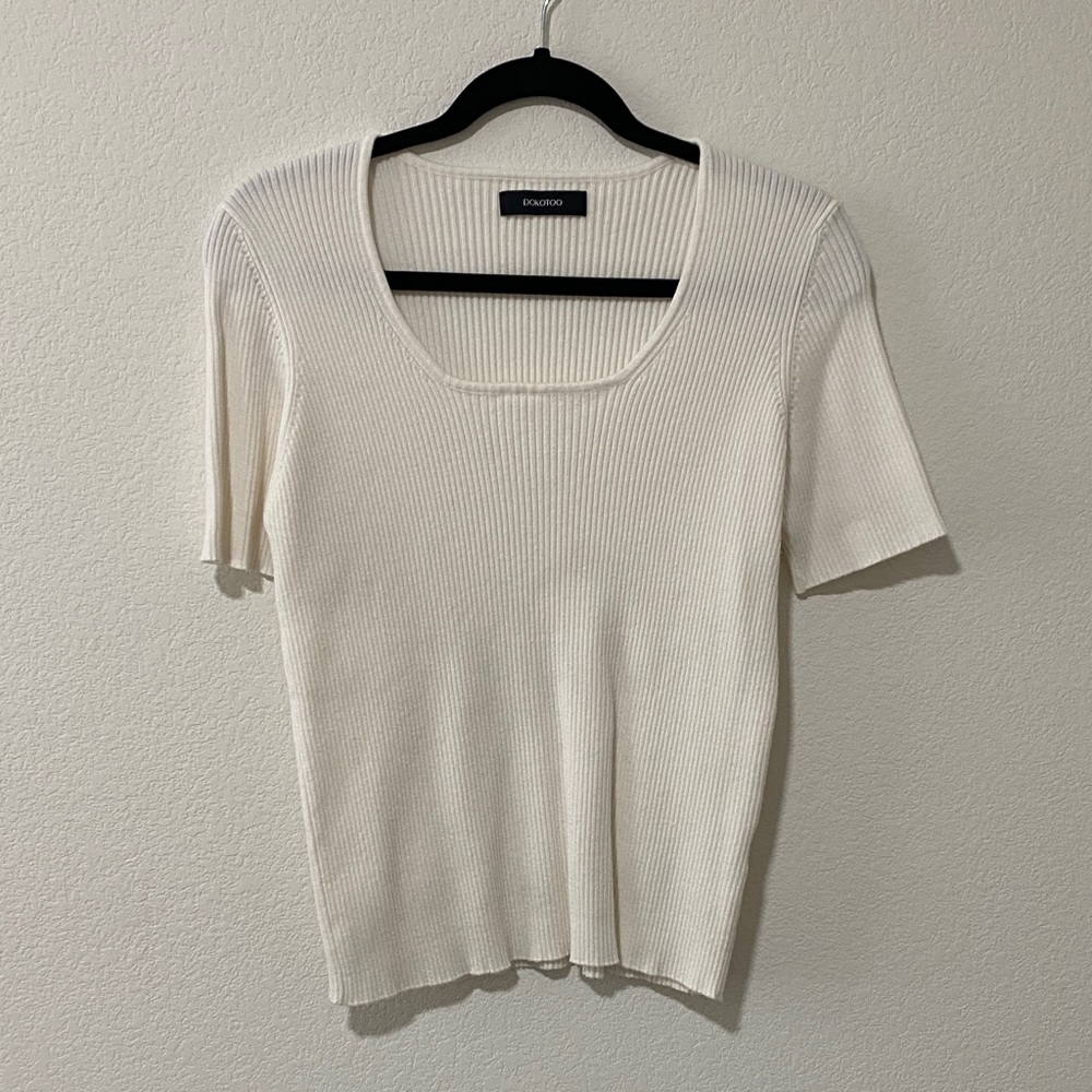 Scoop Neck Crop White Ribbed Short Sleeve Top Tee Sweater
